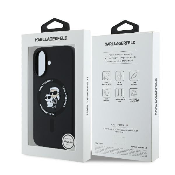 Husa MagSafe pentru Apple iPhone 16 Plus, Karl Lagerfeld, Silicone Ring Karl & Choupette, Neagra