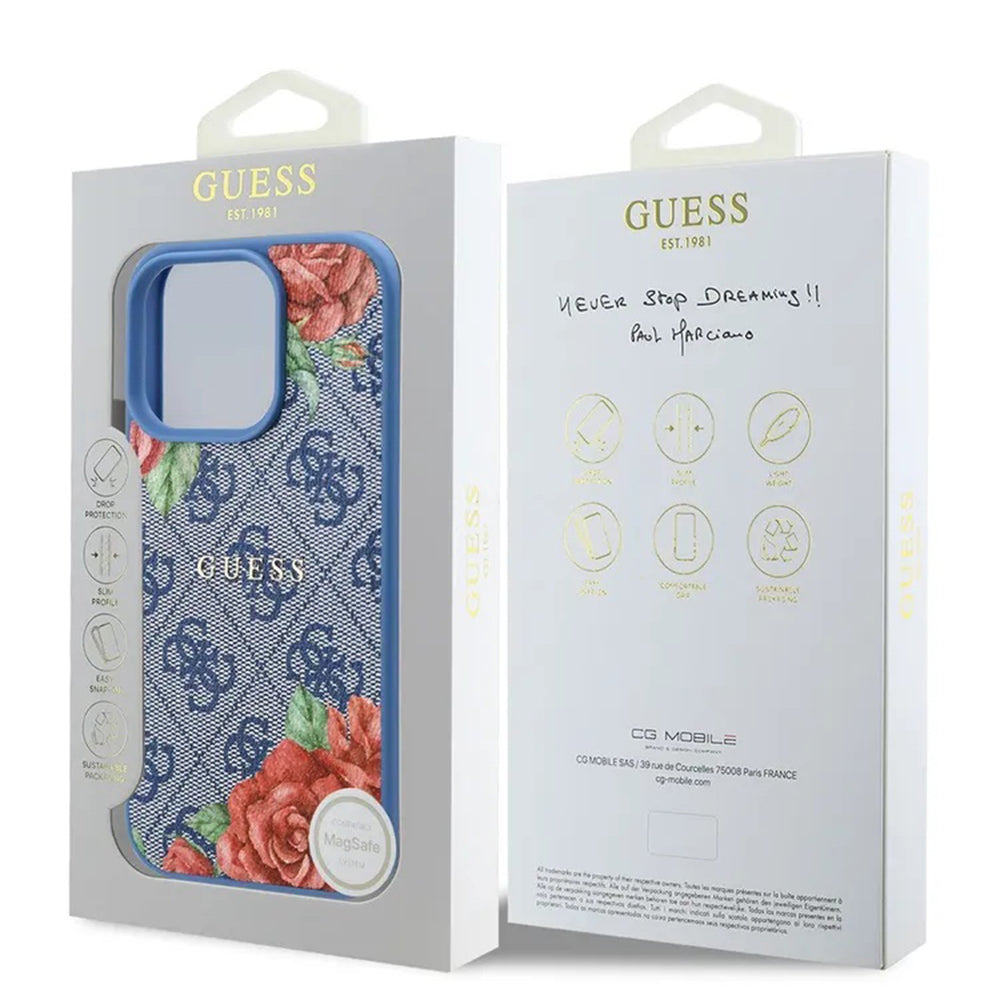 Husa MagSafe pentru Apple iPhone 16 Pro, Guess, 4G Flowers Print, Albastra