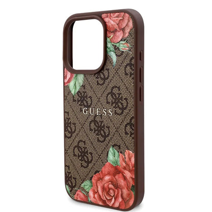 Husa MagSafe pentru Apple iPhone 16 Pro, Guess, 4G Flowers Print, Maro