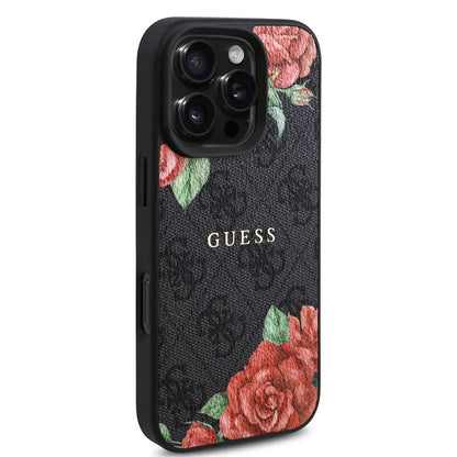 Husa MagSafe pentru Apple iPhone 16 Pro, Guess, 4G Flowers Print, Neagra
