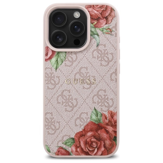 Husa MagSafe pentru Apple iPhone 16 Pro, Guess, 4G Flowers Print, Roz