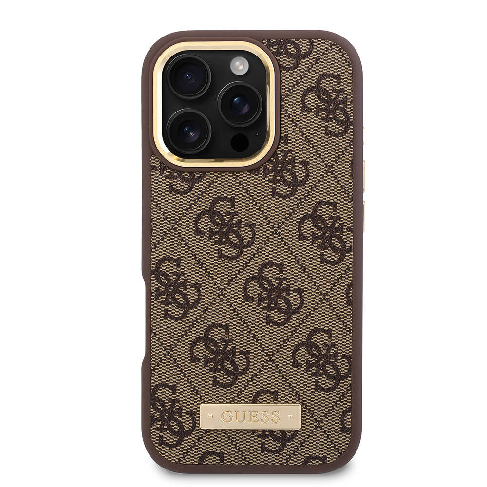 Husa MagSafe pentru Apple iPhone 16 Pro, Guess, 4G Logo Plate, Roz