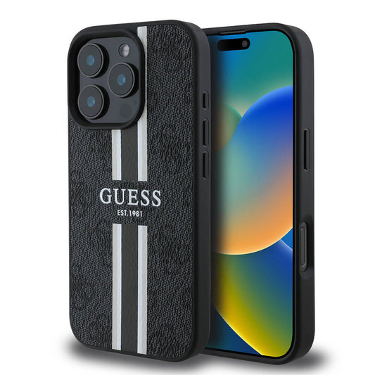 Husa MagSafe pentru Apple iPhone 16 Pro, Guess, 4G Printed Stripes, Neagra