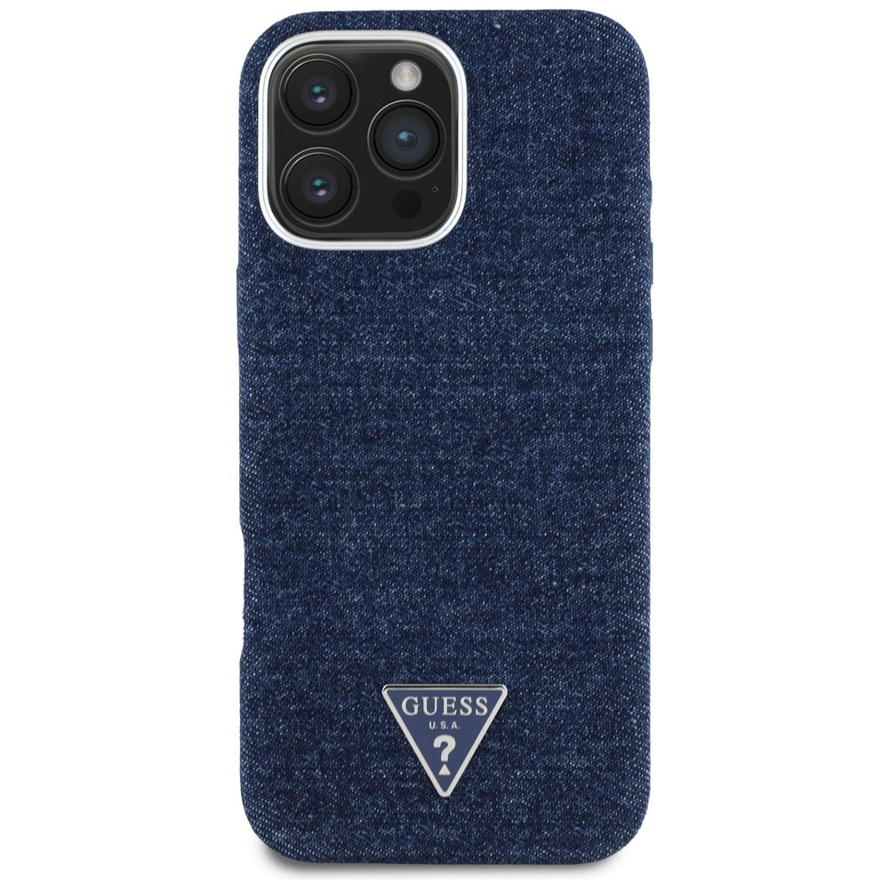 Husa MagSafe pentru Apple iPhone 16 Pro, Guess, Denim Triangle Logo, Albastra