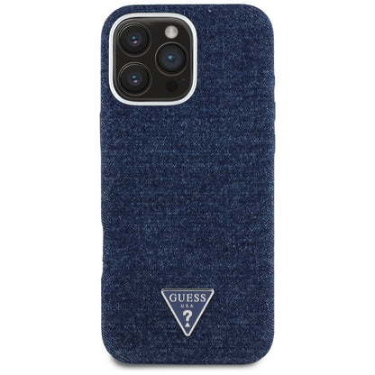 Husa MagSafe pentru Apple iPhone 16 Pro, Guess, Denim Triangle Logo, Albastra