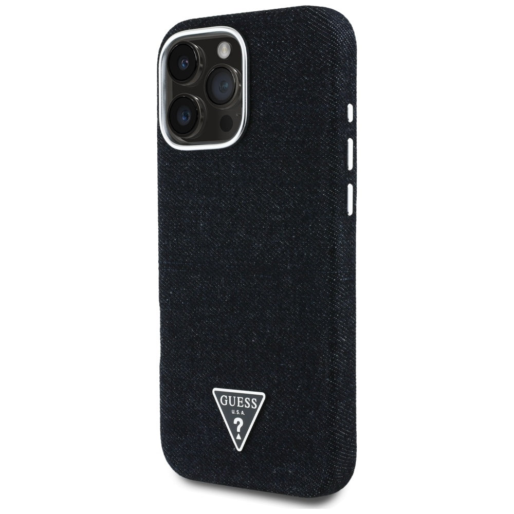 Husa MagSafe pentru Apple iPhone 16 Pro, Guess, Denim Triangle Logo, Neagra