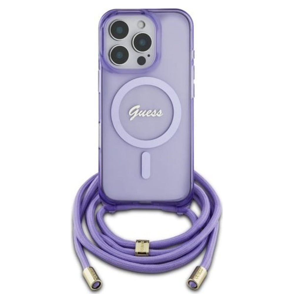 Husa MagSafe pentru Apple iPhone 16 Pro, Guess, IML Crossbody Cord Script, Mov