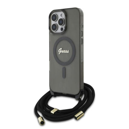 Husa MagSafe pentru Apple iPhone 16 Pro, Guess, IML Crossbody Cord Script, Neagra