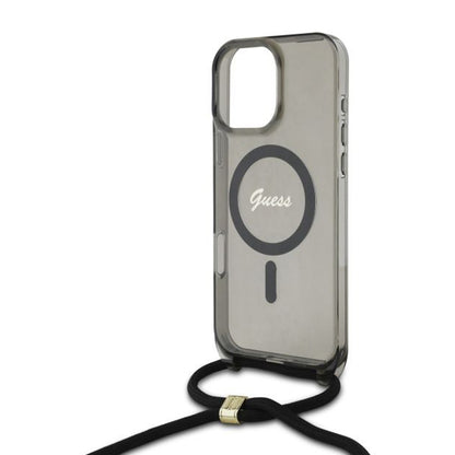 Husa MagSafe pentru Apple iPhone 16 Pro, Guess, IML Crossbody Cord Script, Neagra
