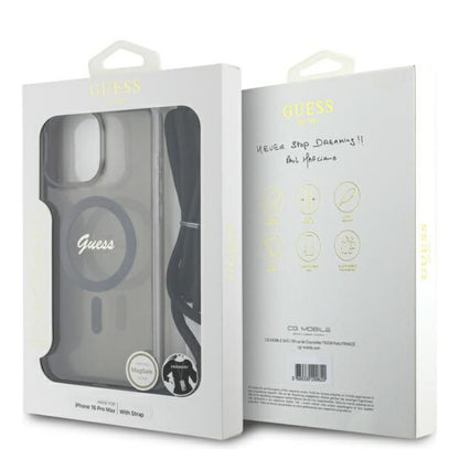 Husa MagSafe pentru Apple iPhone 16 Pro, Guess, IML Crossbody Cord Script, Neagra