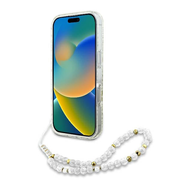 Husa MagSafe pentru Apple iPhone 16 Pro, Guess, IML Flowers Allover Electroplated with Pearl Strap, Alba