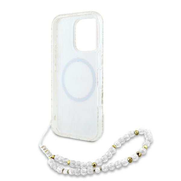 Husa MagSafe pentru Apple iPhone 16 Pro, Guess, IML Flowers Allover Electroplated with Pearl Strap, Alba
