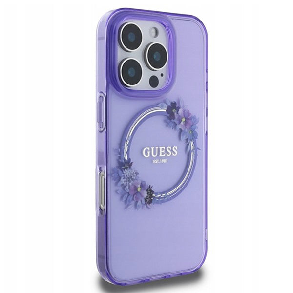 Husa MagSafe pentru Apple iPhone 16 Pro, Guess, IML Flowers Wreath, Mov