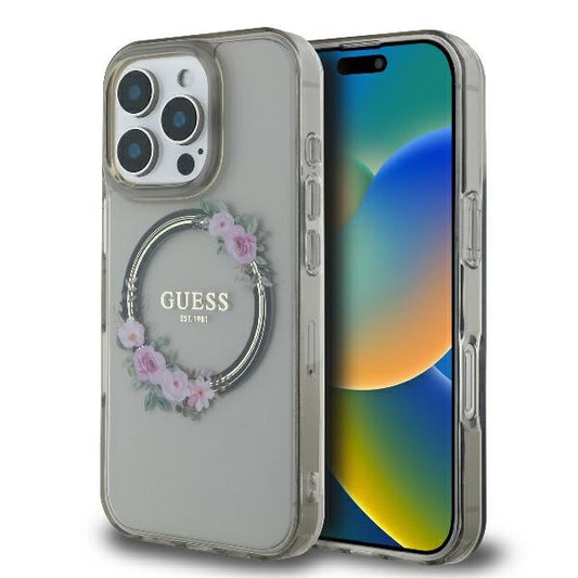 Husa MagSafe pentru Apple iPhone 16 Pro, Guess, IML Flowers Wreath, Neagra