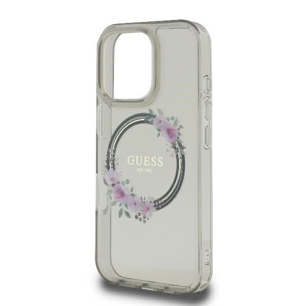 Husa MagSafe pentru Apple iPhone 16 Pro, Guess, IML Flowers Wreath, Neagra