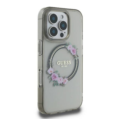 Husa MagSafe pentru Apple iPhone 16 Pro, Guess, IML Flowers Wreath, Neagra