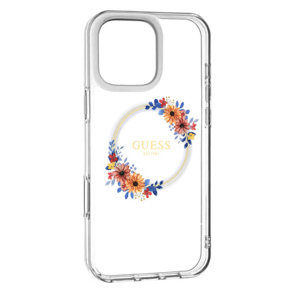 Husa MagSafe pentru Apple iPhone 16 Pro, Guess, IML Flowers Wreath, Transparenta