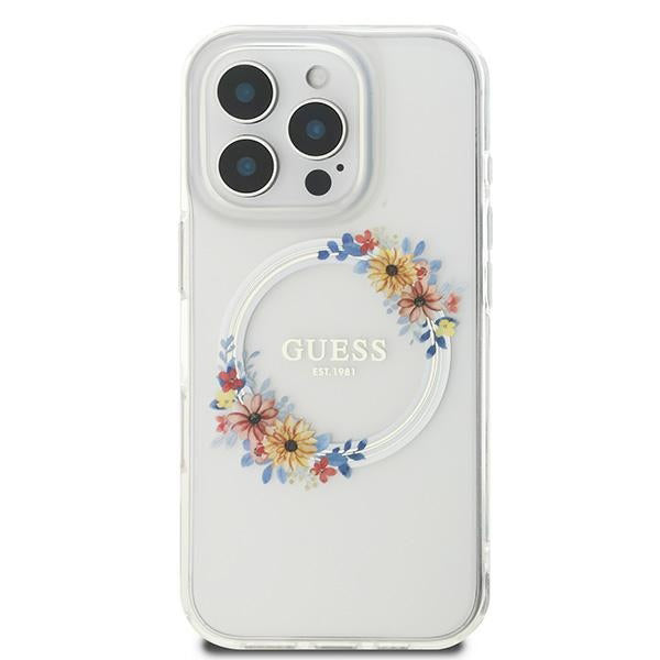 Husa MagSafe pentru Apple iPhone 16 Pro, Guess, IML Flowers Wreath, Transparenta