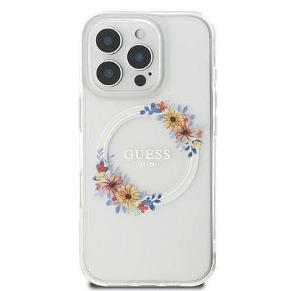 Husa MagSafe pentru Apple iPhone 16 Pro, Guess, IML Flowers Wreath, Transparenta