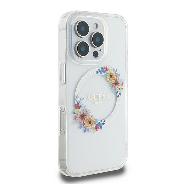 Husa MagSafe pentru Apple iPhone 16 Pro, Guess, IML Flowers Wreath, Transparenta