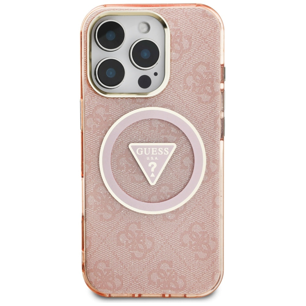 Husa MagSafe pentru Apple iPhone 16 Pro, Guess, IML Glitter 4G Circle Triangle, Roz