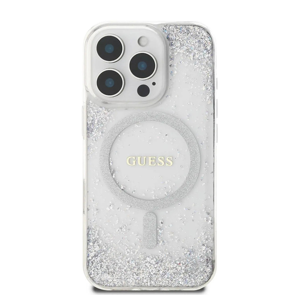 Husa MagSafe pentru Apple iPhone 16 Pro, Guess, IML Glitter Gradient, Argintie