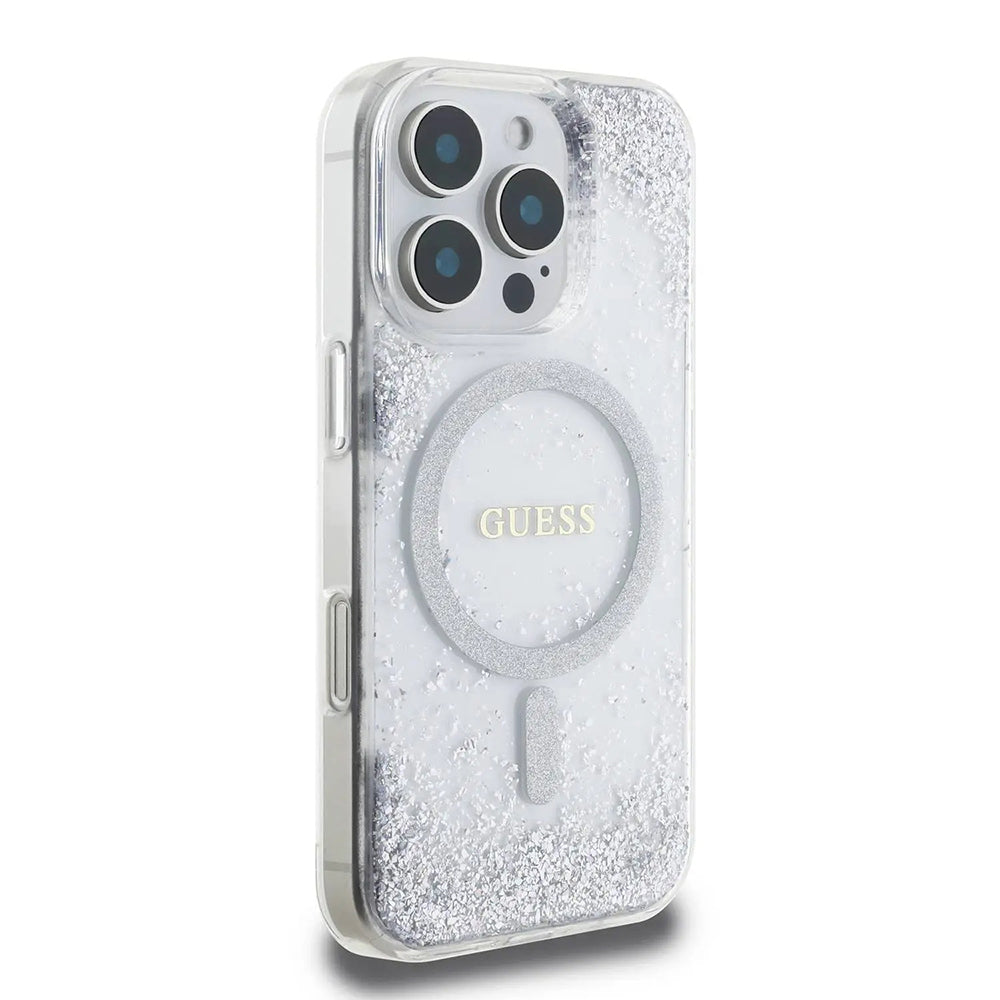 Husa MagSafe pentru Apple iPhone 16 Pro, Guess, IML Glitter Gradient, Argintie