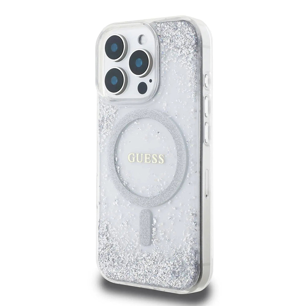 Husa MagSafe pentru Apple iPhone 16 Pro, Guess, IML Glitter Gradient, Argintie