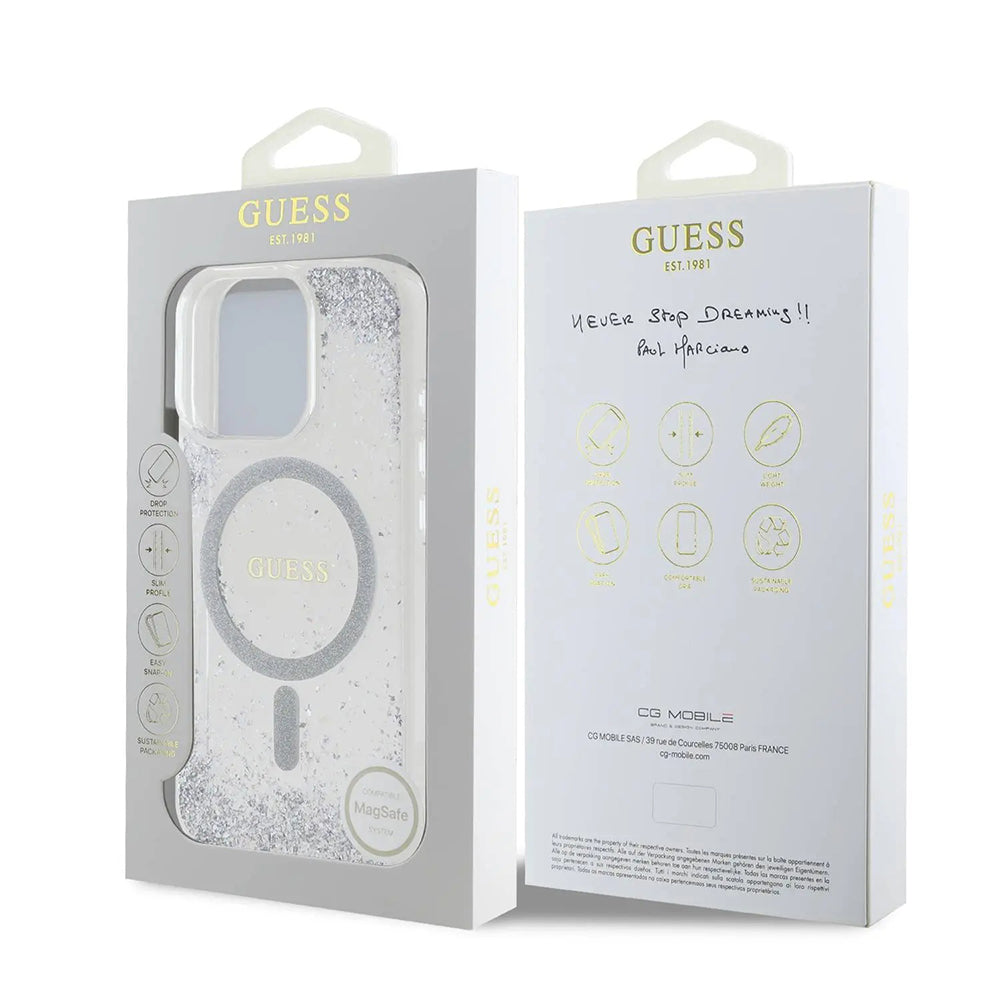 Husa MagSafe pentru Apple iPhone 16 Pro, Guess, IML Glitter Gradient, Argintie