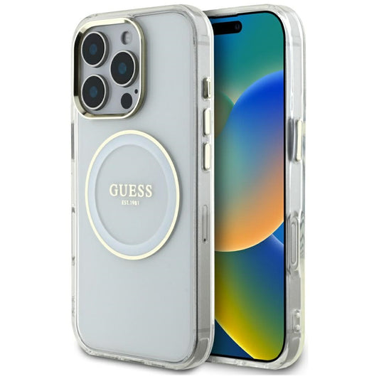 Husa MagSafe pentru Apple iPhone 16 Pro, Guess, IML Metal Colored Circle, Alba