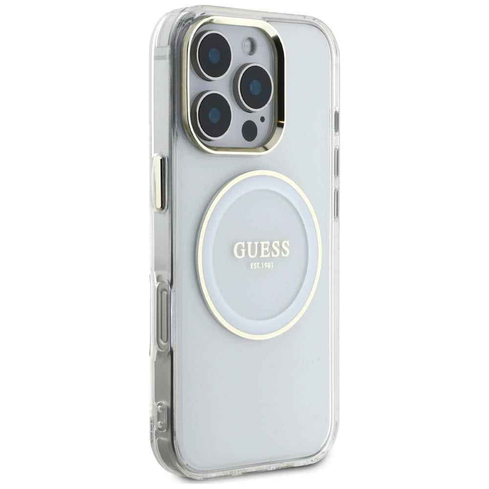 Husa MagSafe pentru Apple iPhone 16 Pro, Guess, IML Metal Colored Circle, Alba