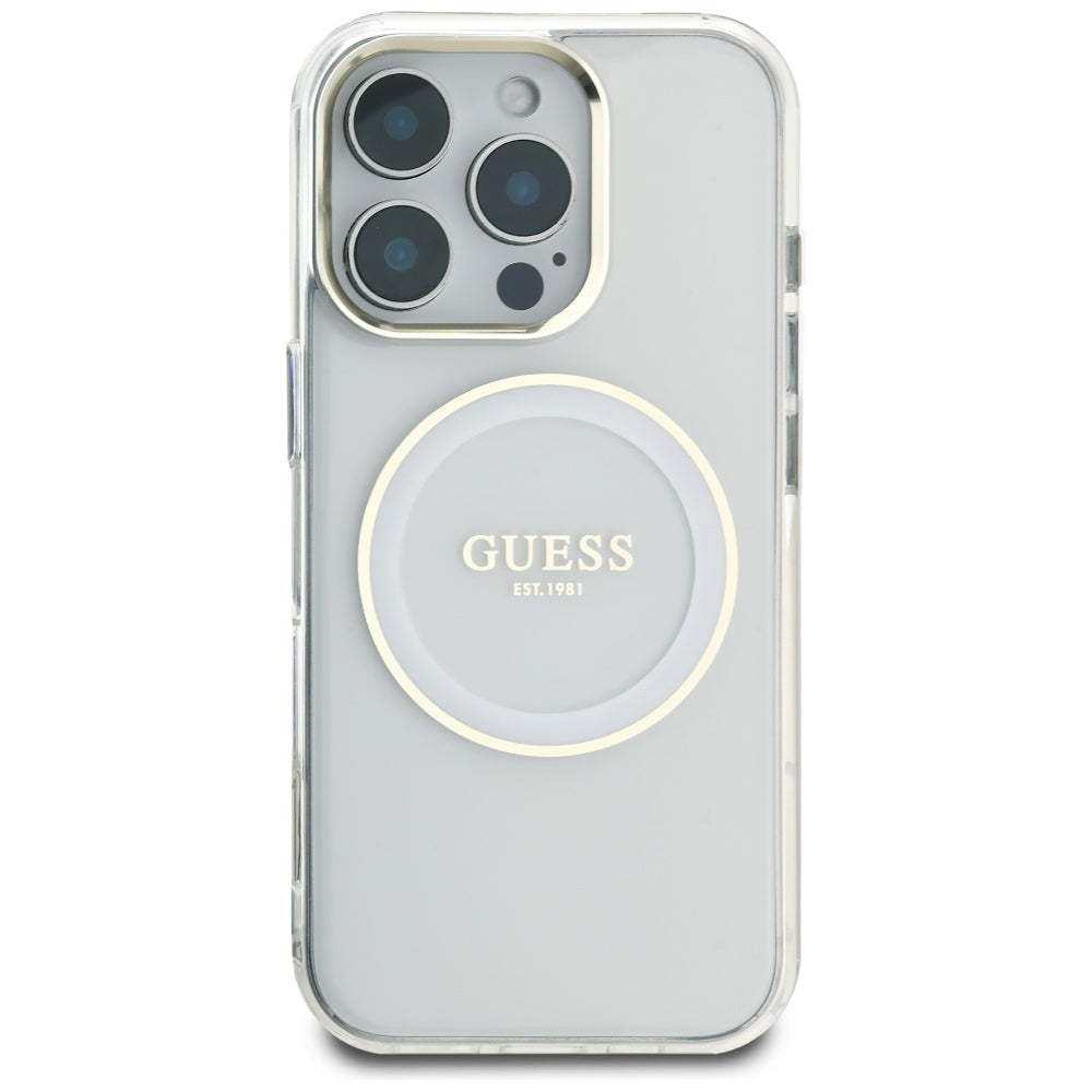 Husa MagSafe pentru Apple iPhone 16 Pro, Guess, IML Metal Colored Circle, Alba