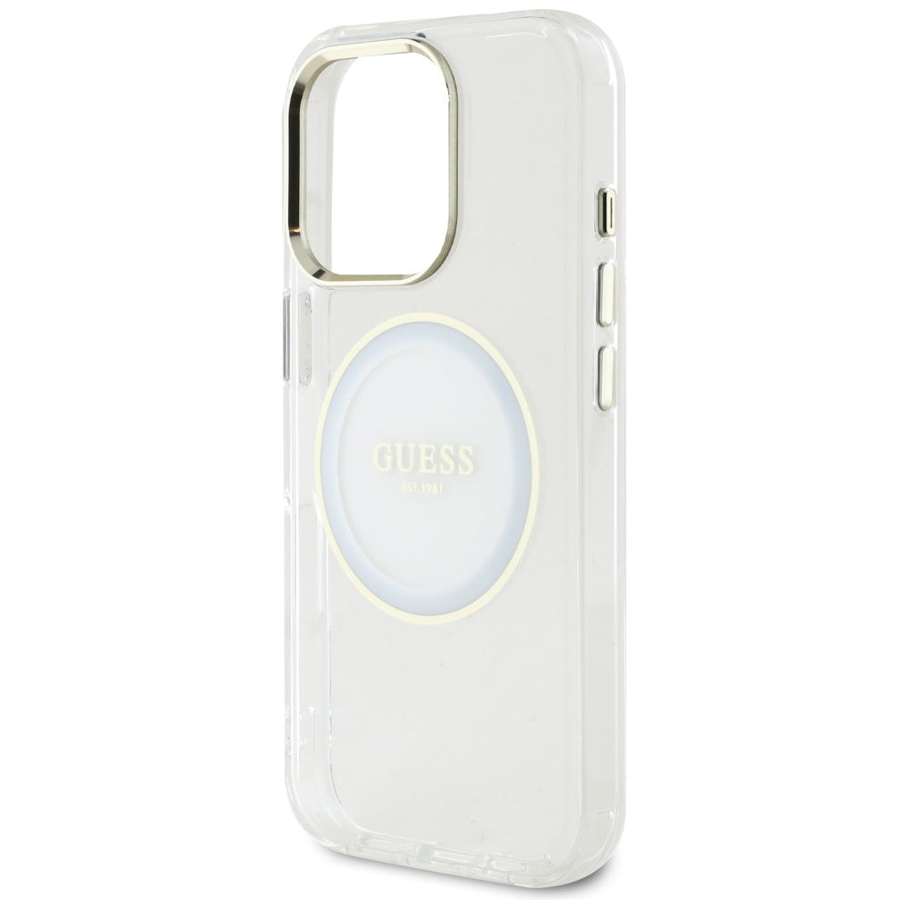 Husa MagSafe pentru Apple iPhone 16 Pro, Guess, IML Metal Colored Circle, Alba