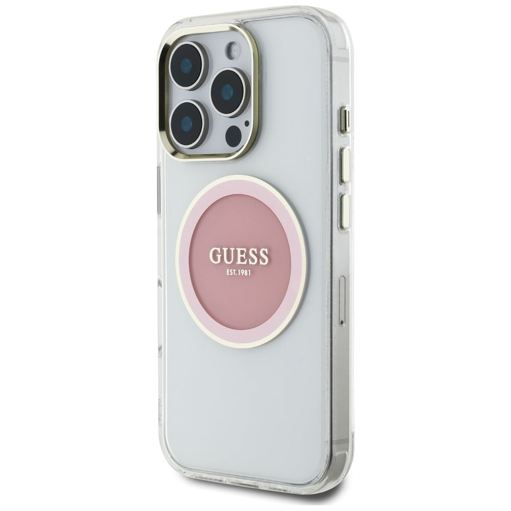 Husa MagSafe pentru Apple iPhone 16 Pro, Guess, IML Metal Colored Circle, Roz