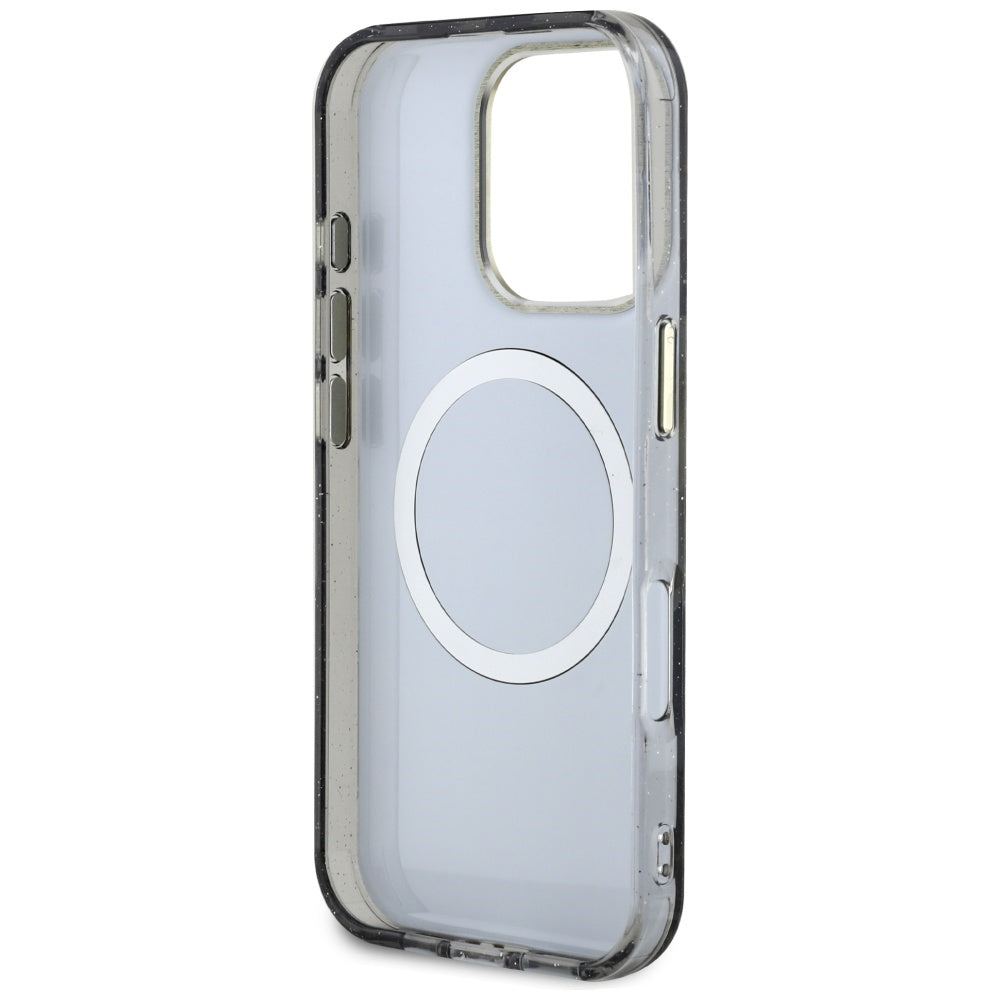 Husa MagSafe pentru Apple iPhone 16 Pro, Guess, IML Metal Glitter Flowers Triangle, Neagra