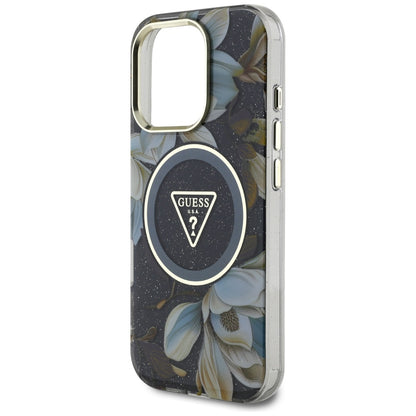 Husa MagSafe pentru Apple iPhone 16 Pro, Guess, IML Metal Glitter Flowers Triangle, Neagra