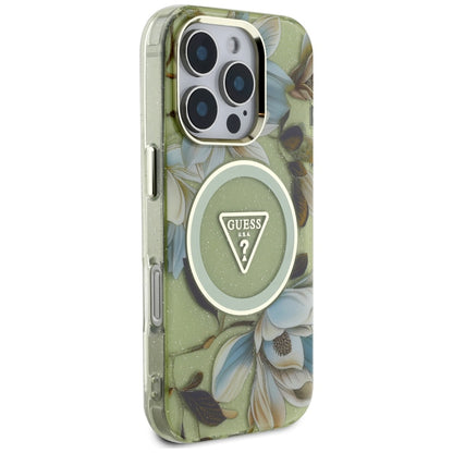 Husa MagSafe pentru Apple iPhone 16 Pro, Guess, IML Metal Glitter Flowers Triangle, Verde
