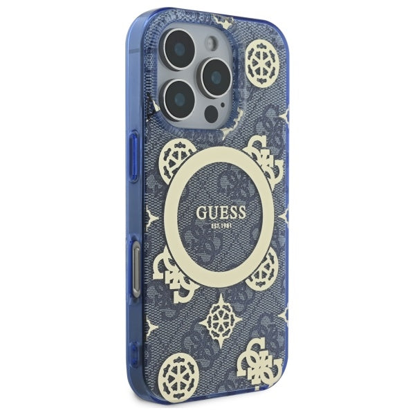 Husa MagSafe pentru Apple iPhone 16 Pro, Guess, IML Peony On 4G Background , Albastra