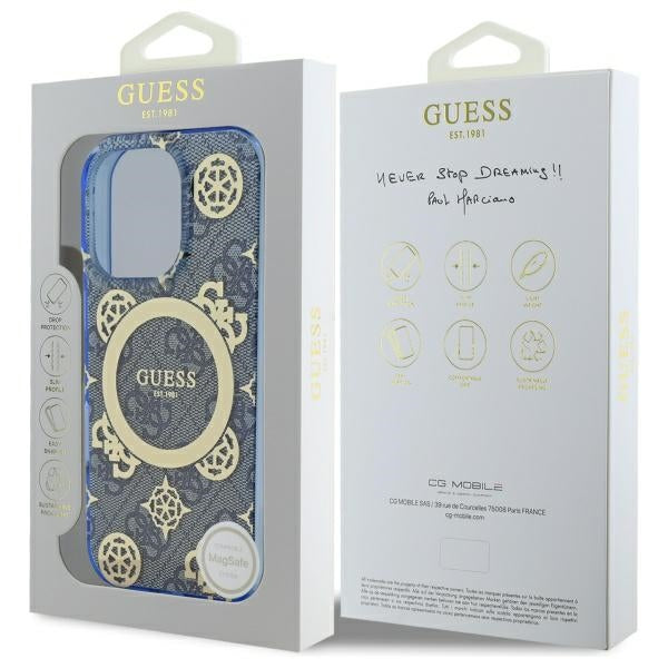 Husa MagSafe pentru Apple iPhone 16 Pro, Guess, IML Peony On 4G Background , Albastra