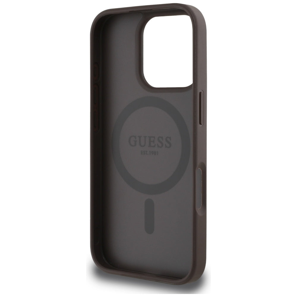 Husa MagSafe pentru Apple iPhone 16 Pro, Guess, Peony Grained Hot Stamp Triangle, Maro