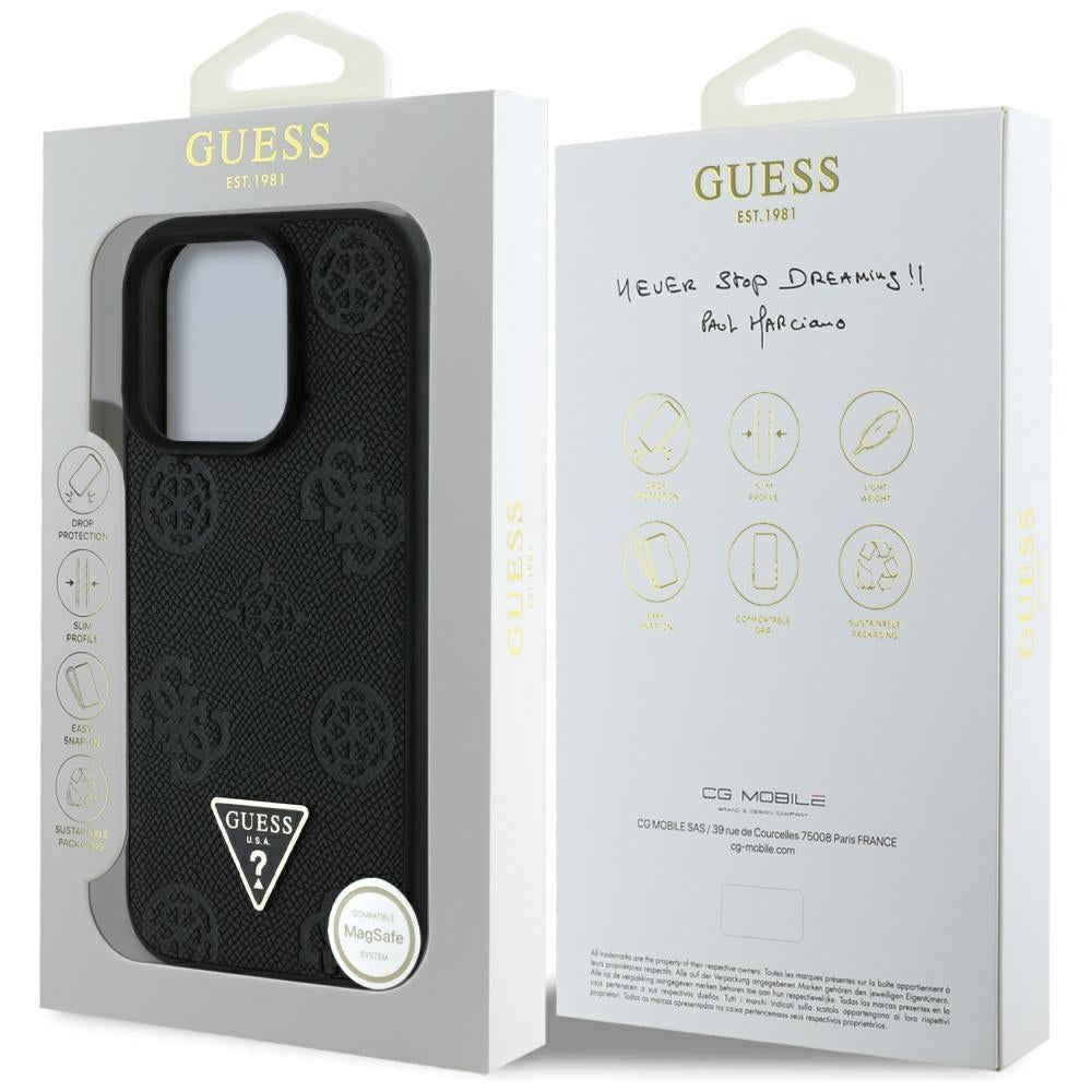 Husa MagSafe pentru Apple iPhone 16 Pro, Guess, Peony Grained Hot Stamp Triangle, Neagra