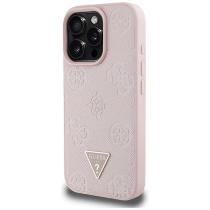 Husa MagSafe pentru Apple iPhone 16 Pro, Guess, Peony Grained Hot Stamp Triangle, Roz