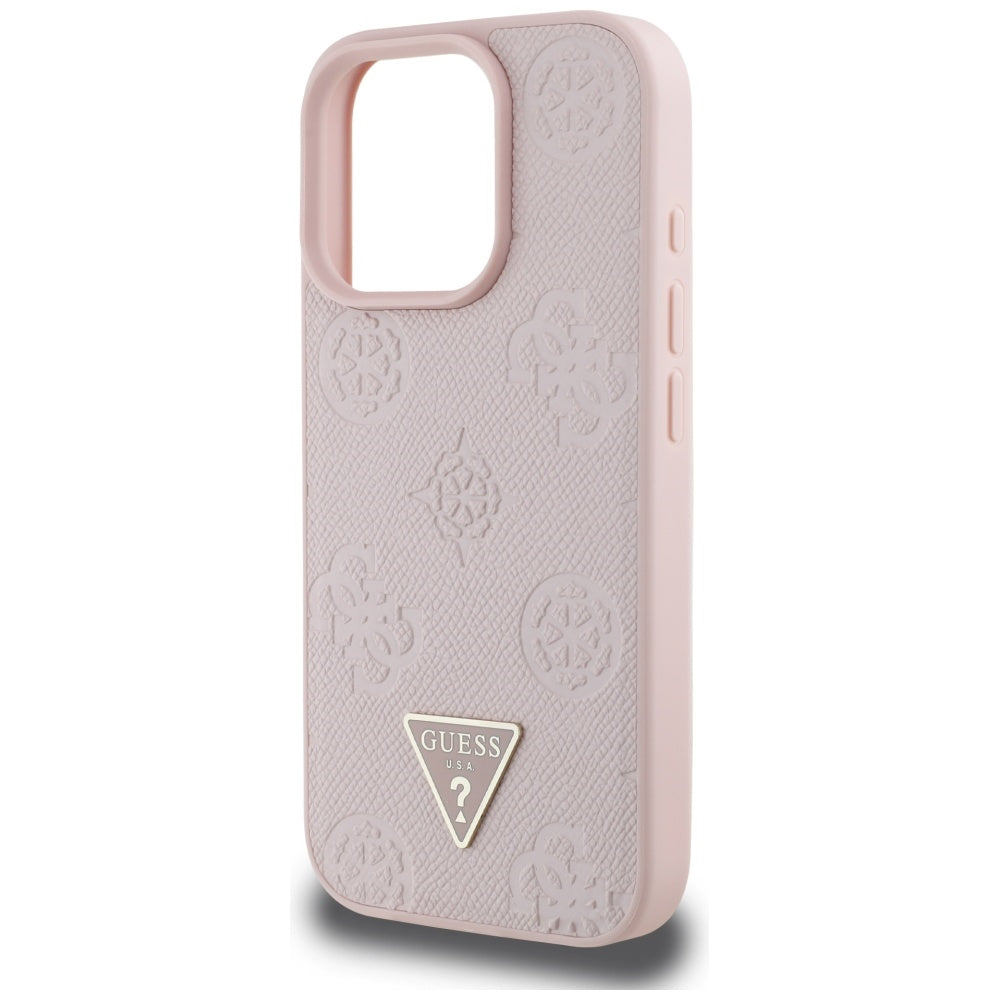 Husa MagSafe pentru Apple iPhone 16 Pro, Guess, Peony Grained Hot Stamp Triangle, Roz