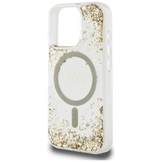 Husa MagSafe pentru Apple iPhone 16 Pro, Guess, Resin Bottom Glitter, Aurie