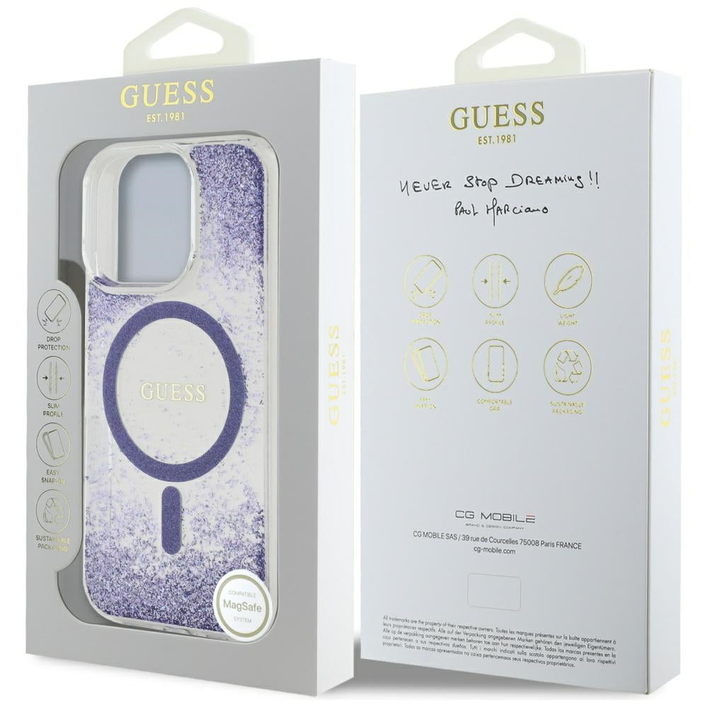 Husa MagSafe pentru Apple iPhone 16 Pro, Guess, Resin Bottom Glitter, Mov