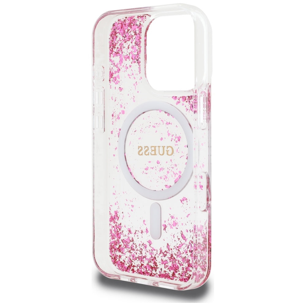 Husa MagSafe pentru Apple iPhone 16 Pro, Guess, Resin Bottom Glitter, Roz