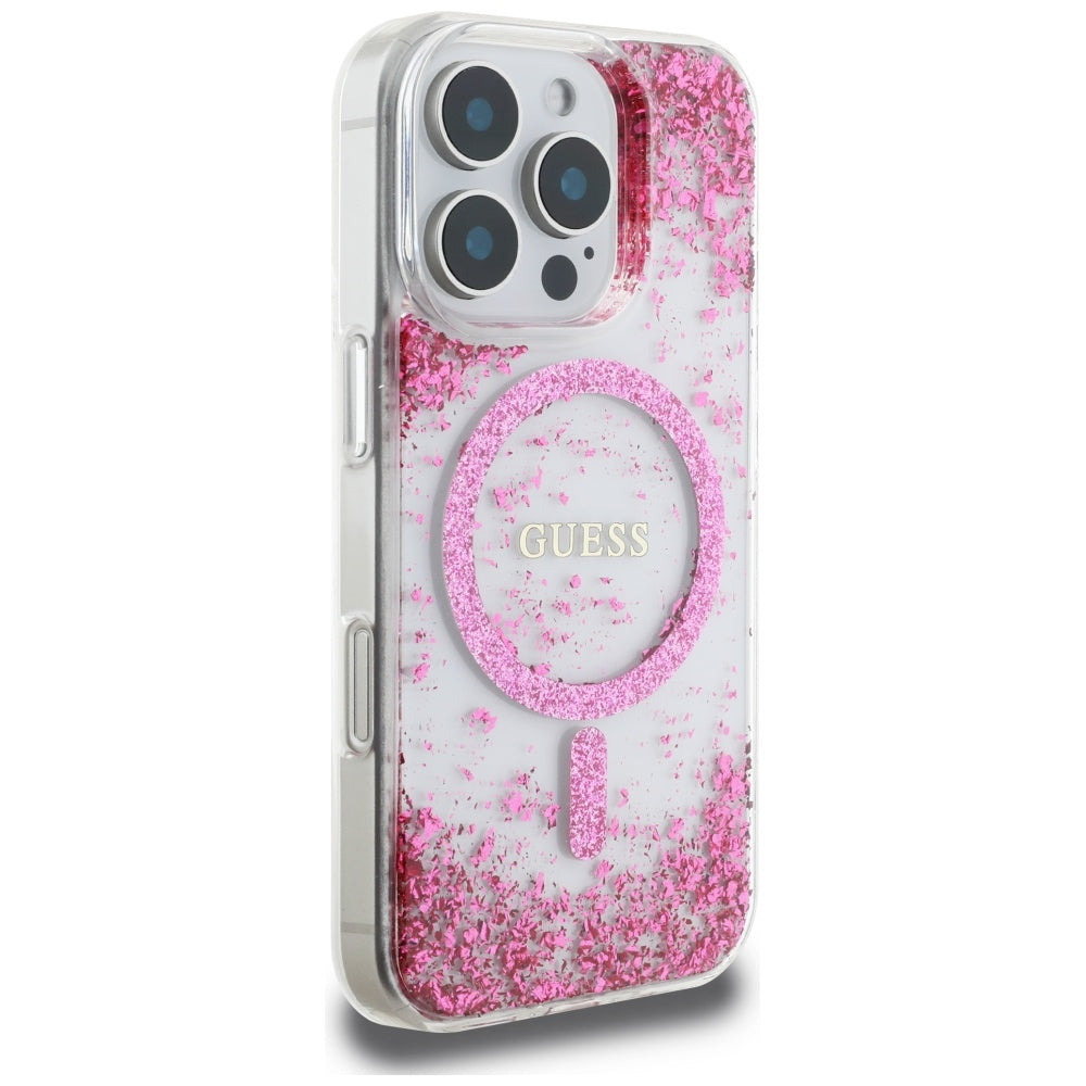 Husa MagSafe pentru Apple iPhone 16 Pro, Guess, Resin Bottom Glitter, Roz