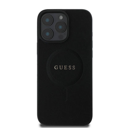 Husa MagSafe pentru Apple iPhone 16 Pro, Guess, Saffiano Classic Logo, Neagra
