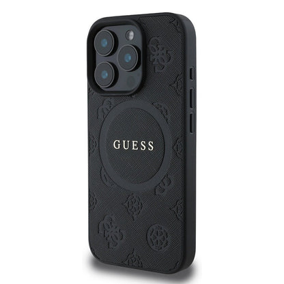 Husa MagSafe pentru Apple iPhone 16 Pro, Guess, Saffiano Peony Classic Logo, Neagra