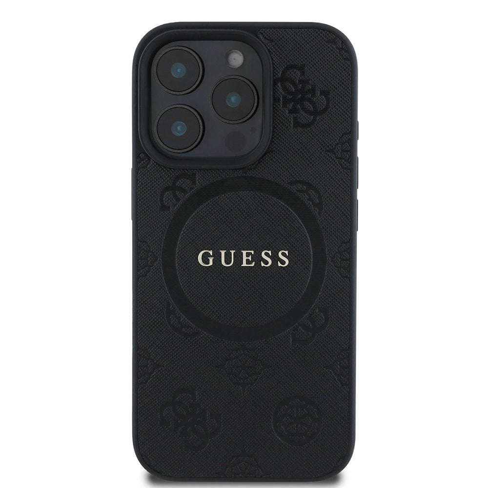 Husa MagSafe pentru Apple iPhone 16 Pro, Guess, Saffiano Peony Classic Logo, Neagra